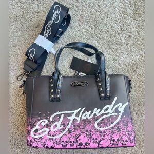Ed Hardy Black and Pink Skull Shoulder Bag